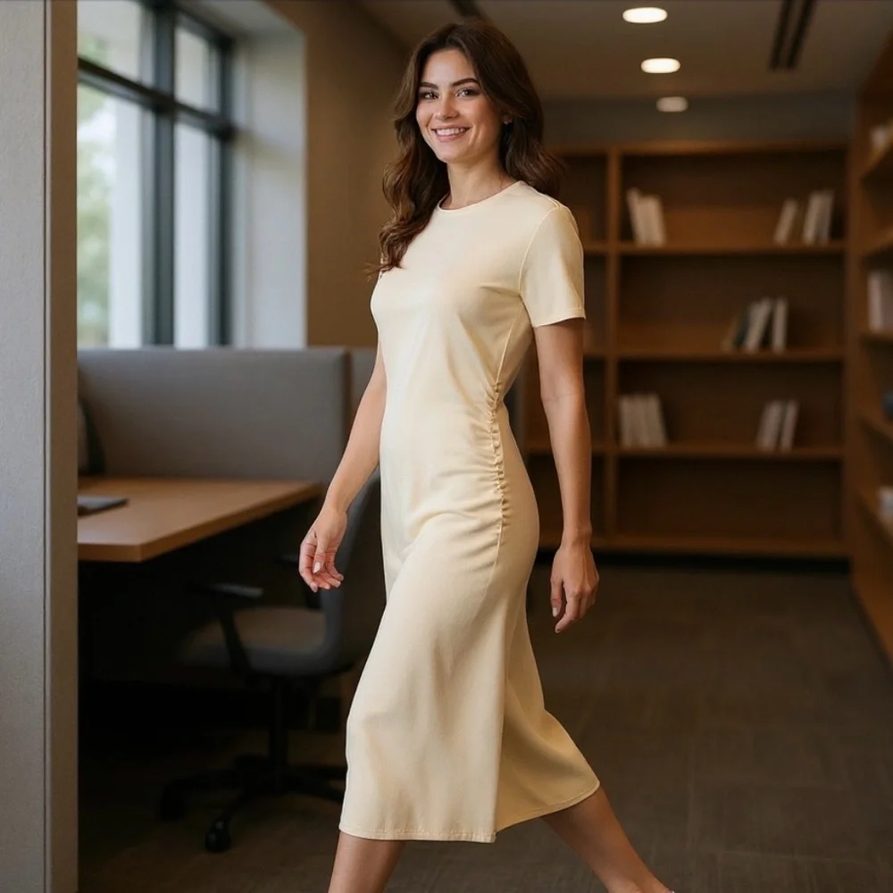 Zara Long-Sleeve Draped Knit Bodycon Minimalist Midi Dress, Beige Cream, Size‎ S - Picture 2 of 12